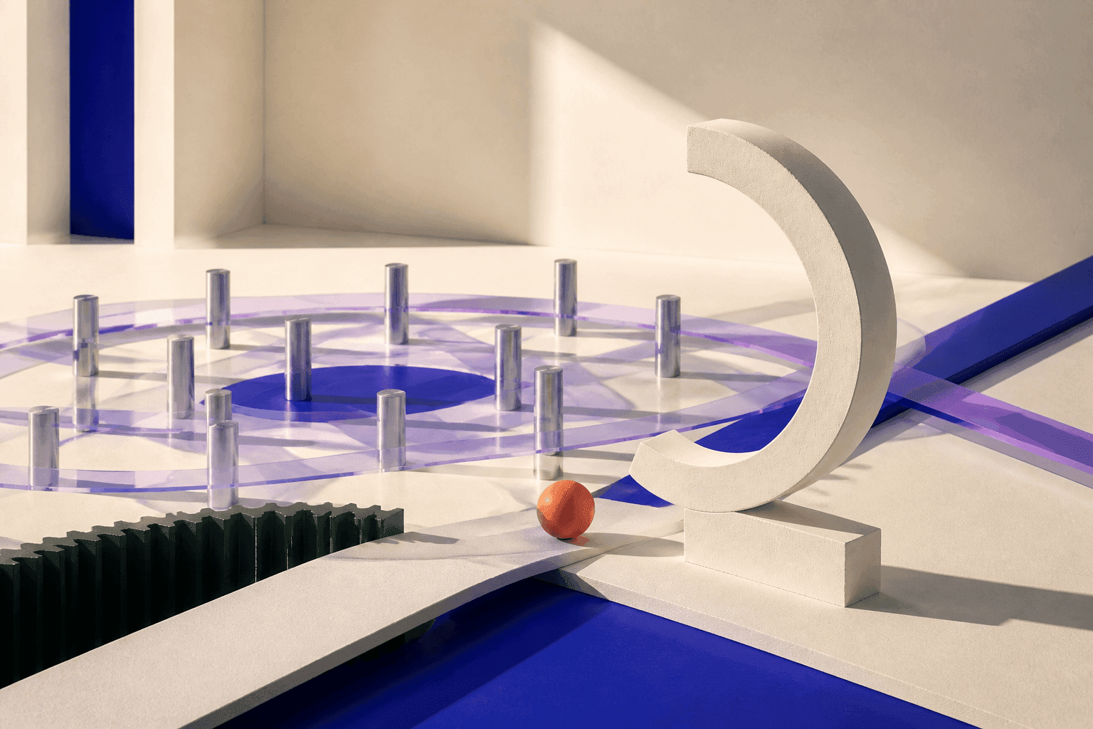 Diorama architectural sur fond ivoire avec un portail circulaire blanc incomplet, une sphère corail, des chemins translucides violets et bleus, un réseau de petits piliers métalliques et un unique relief vert forêt.