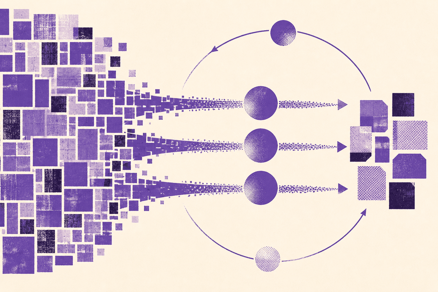 Illustration abstraite sur fond ivoire : un champ dense de blocs violets à gauche rejoint sept modules espacés à droite par trois larges canaux, sous une boucle ouverte.