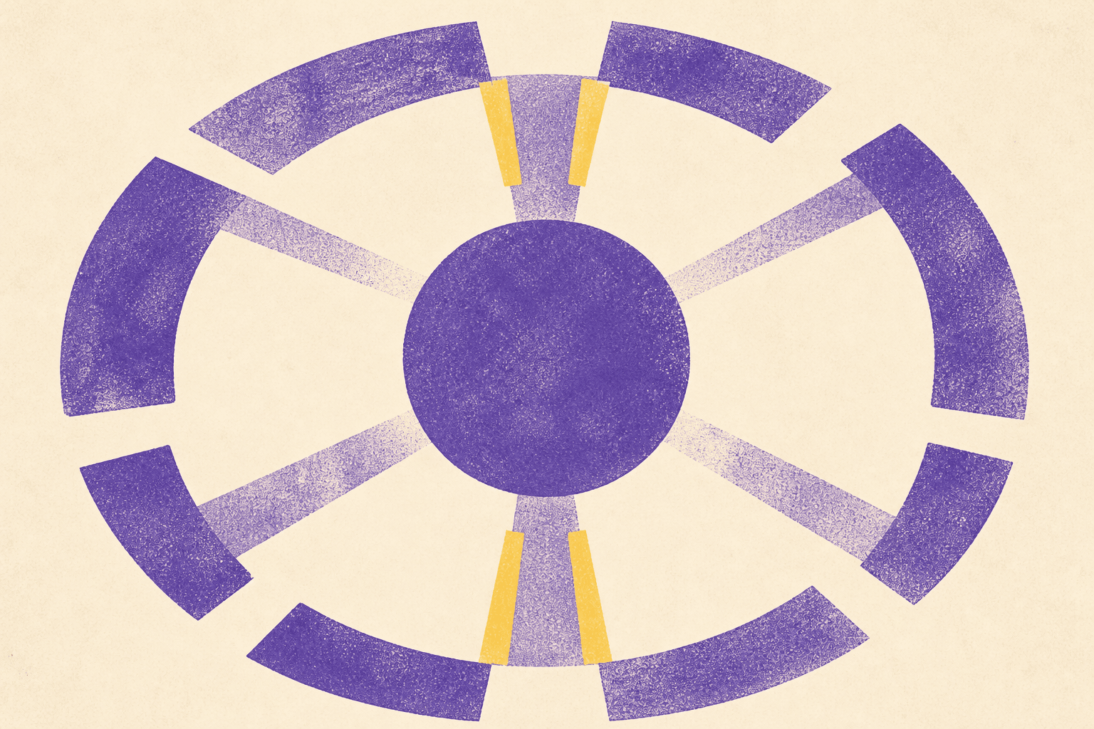 Illustration abstraite sur fond ivoire : un disque violet central rejoint un anneau violet fragmenté par six passages, dont deux sont marqués en jaune.