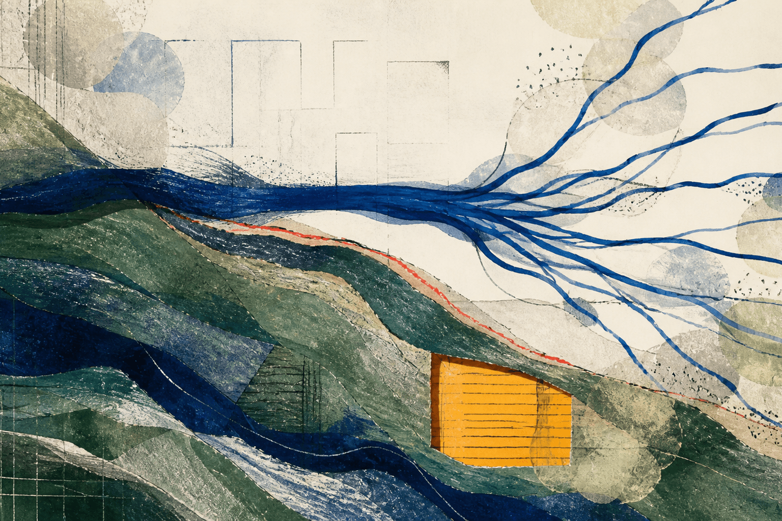 Painted illustration on ivory paper: mineral-green and ultramarine strata crossed by a thin red fault extend into many blue ribbons, with a small saffron window drawn into the lower layer.