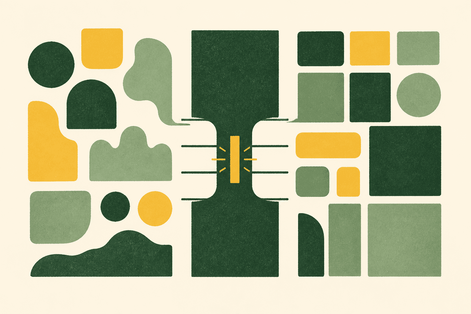 Illustration abstraite sur fond ivoire, un large seuil vert relie deux groupes de formes irrégulières, avec une barre jaune au centre.