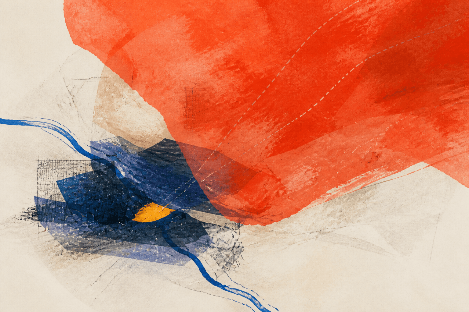 Painted illustration on ivory paper: a large vermilion wash descends from the upper-right corner and partly covers an ink-blue foundation, from which two blue traces run toward the edges around a small saffron reserve.