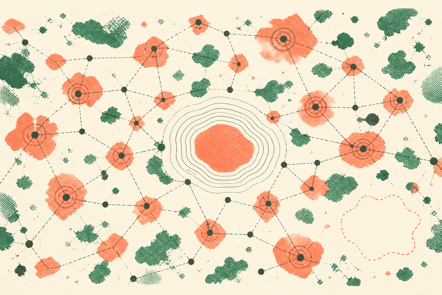 Illustration abstraite sur fond ivoire : des îlots corail et verts reliés entourent une zone centrale de courbes, tandis qu’une zone périphérique reste ouverte.