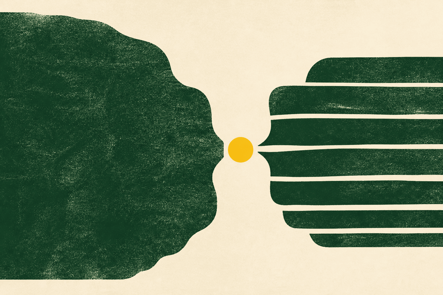 Abstract illustration on an ivory background, a broad forest-green field faces four green layers, connected by a central passage marked with a yellow disc.
