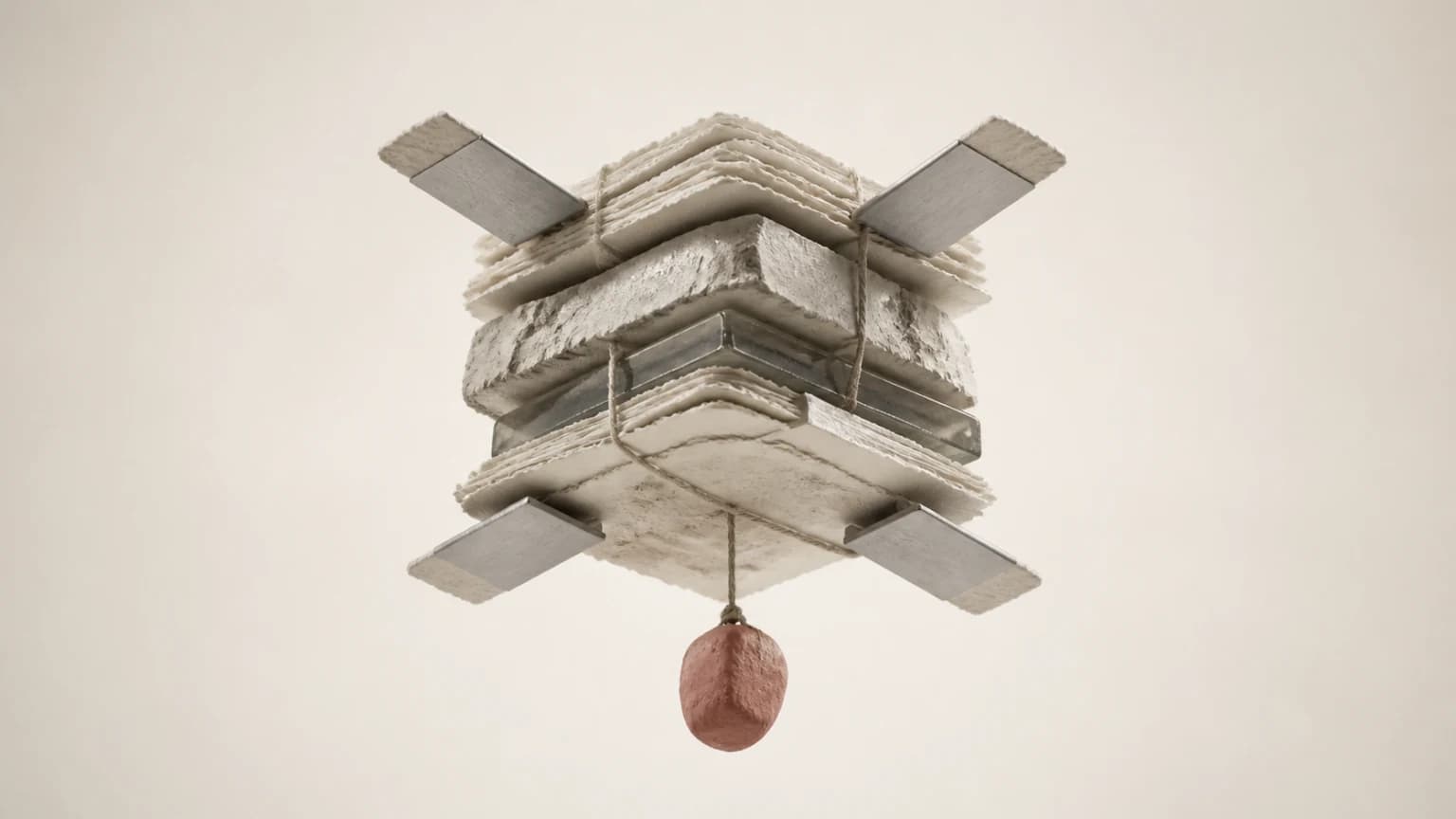 Generated editorial illustration of a suspended bundle of paper, plaster, resin and aluminium, extended by four tabs and weighted by a small coral stone.
