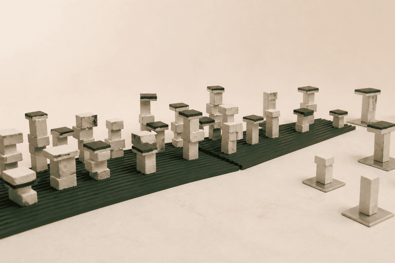 Nature morte générée montrant un champ de petits piliers en plâtre ivoire, dont la plupart reposent sur une longue plaque verte nervurée fendue, tandis que quelques piliers restent isolés sur des socles d’aluminium.
