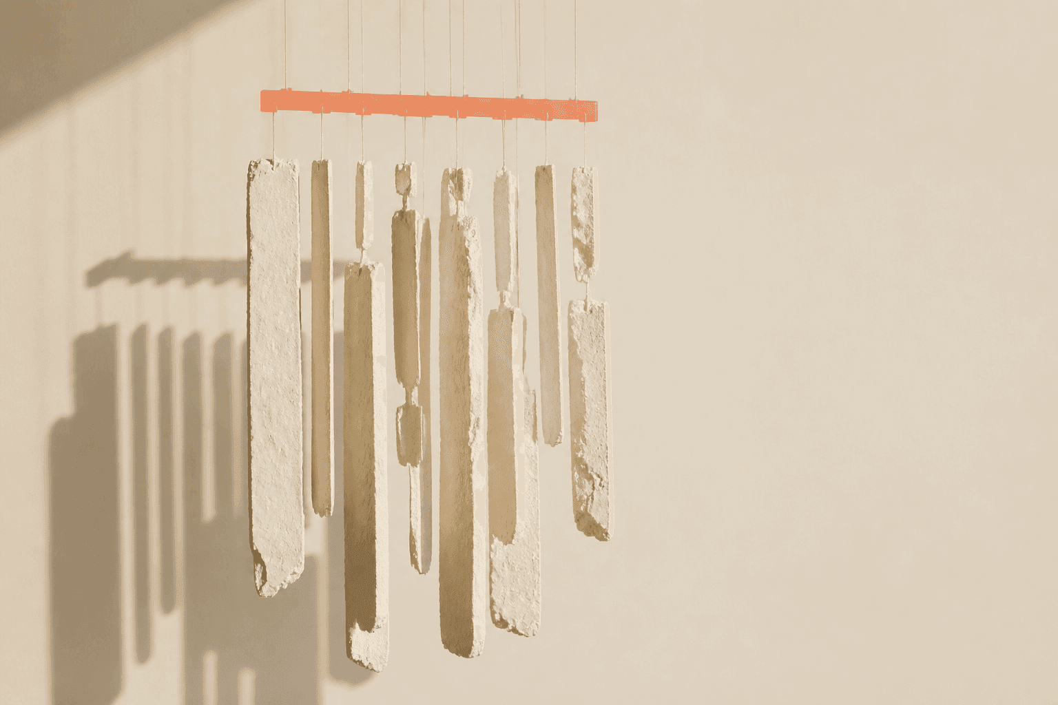 Generated illustration of eleven ivory paper-and-plaster pendants suspended beneath a coral-resin crosspiece, casting crisp shadows on a pale backdrop.