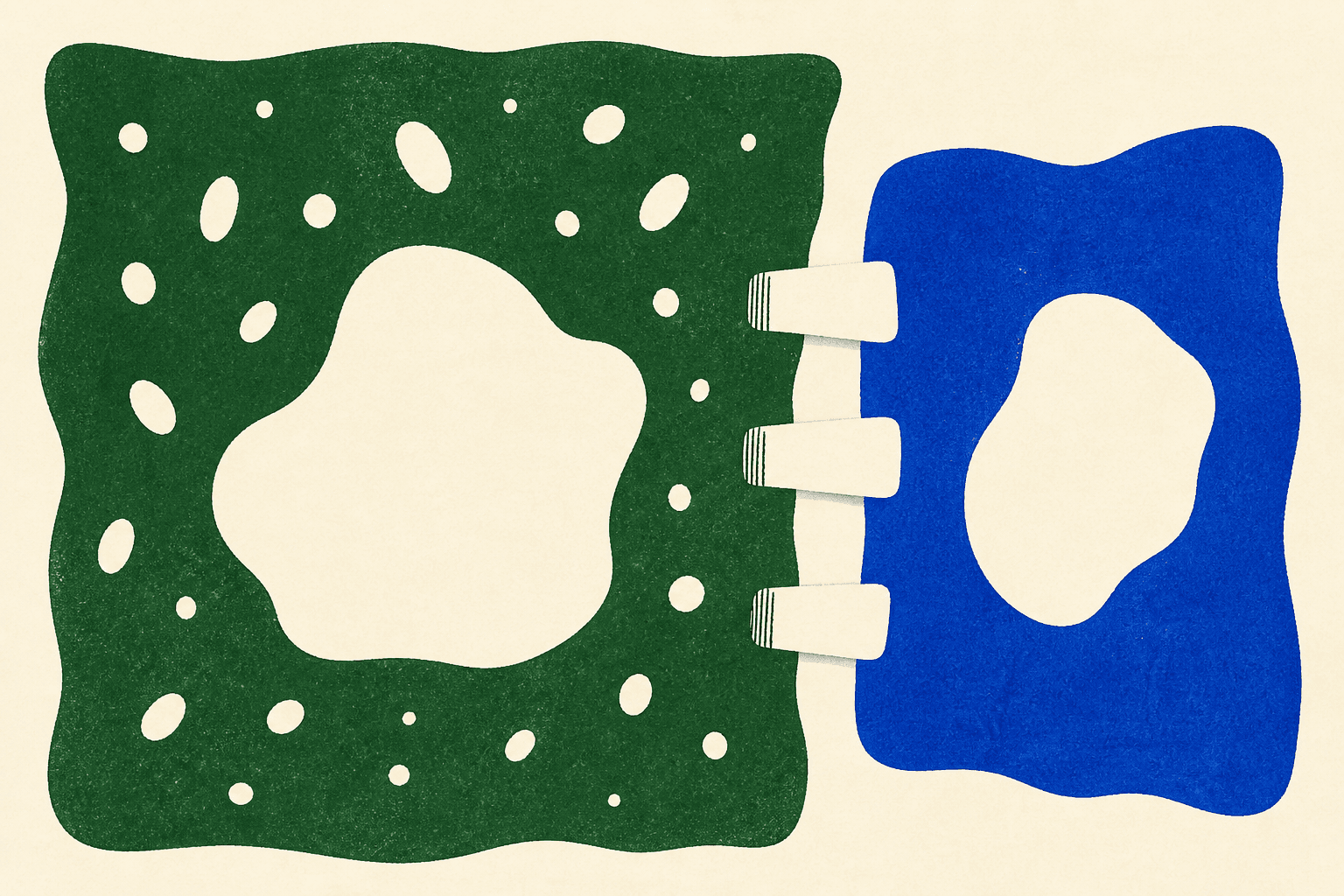 Abstract illustration on an ivory background: a large perforated green field and a smaller cobalt field are connected by three flat tabs.