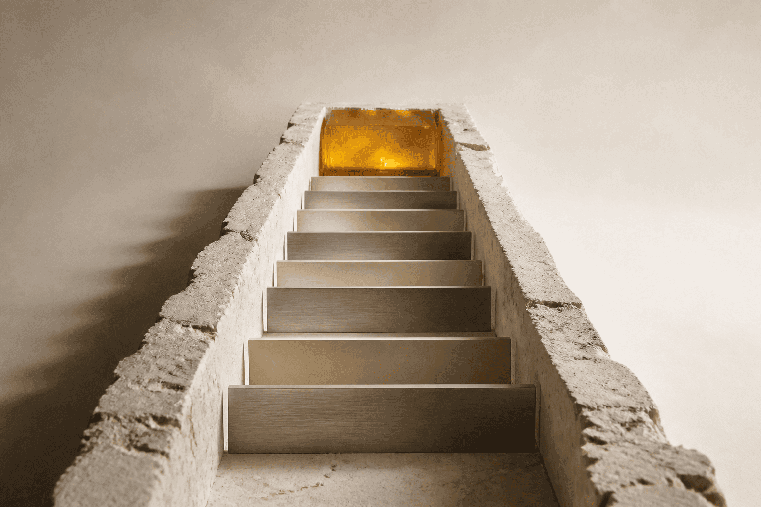 Generated illustration of a deep ivory plaster channel crossed by successive aluminium plates, leading to a sealed, illuminated amber-resin reservoir.