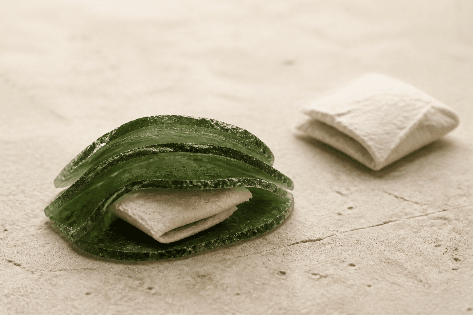 Illustration générée en macro montrant deux petits paquets irréguliers de papier ivoire, dont l’un est presque enveloppé par plusieurs coques de résine vert forêt translucide posées sur une base minérale claire.