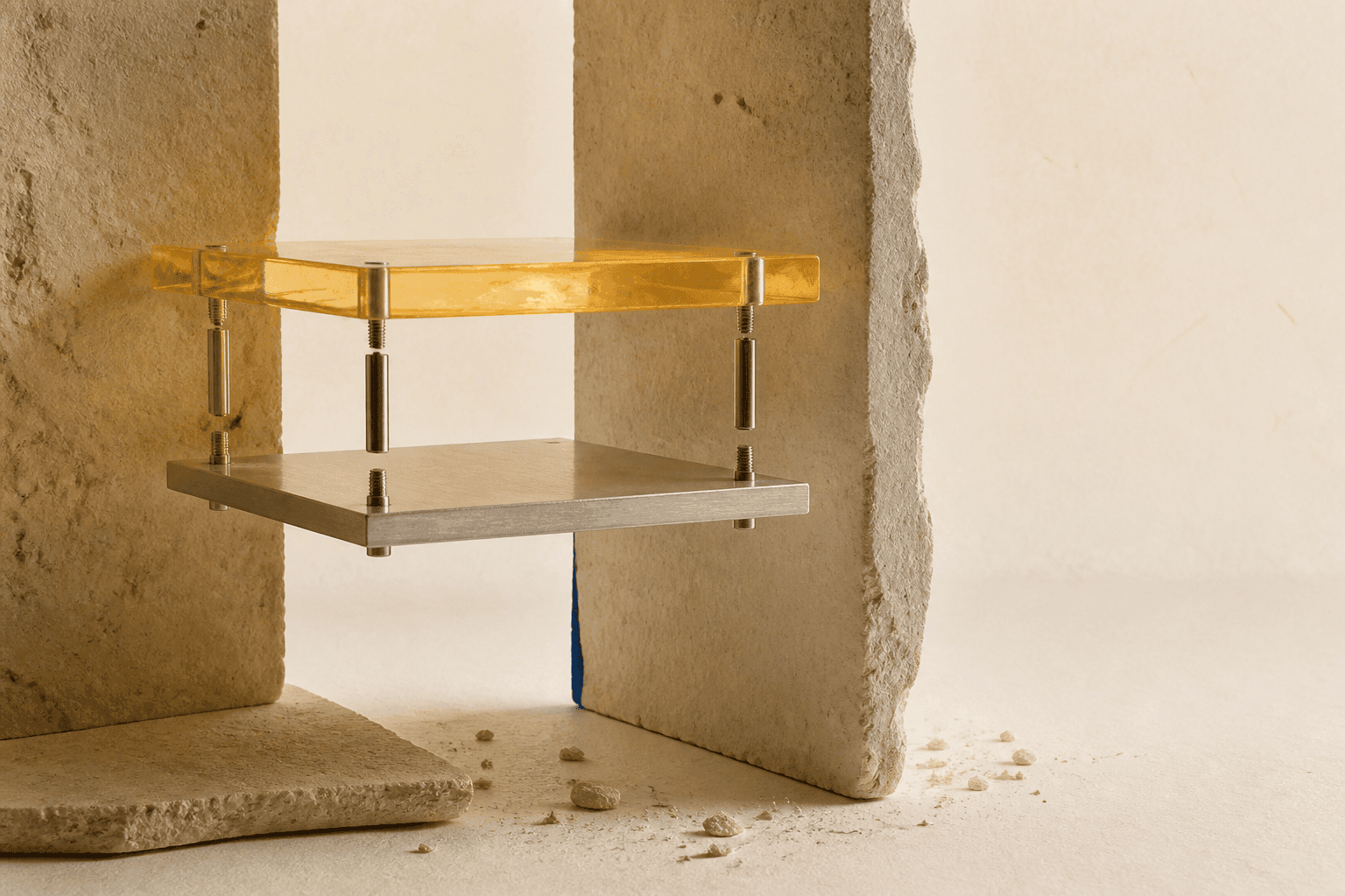 Nature morte générée avec deux plaques rectangulaires suspendues, l’une en aluminium et l’autre en résine ambrée, entre trois blocs minéraux ivoire, sur fond clair.