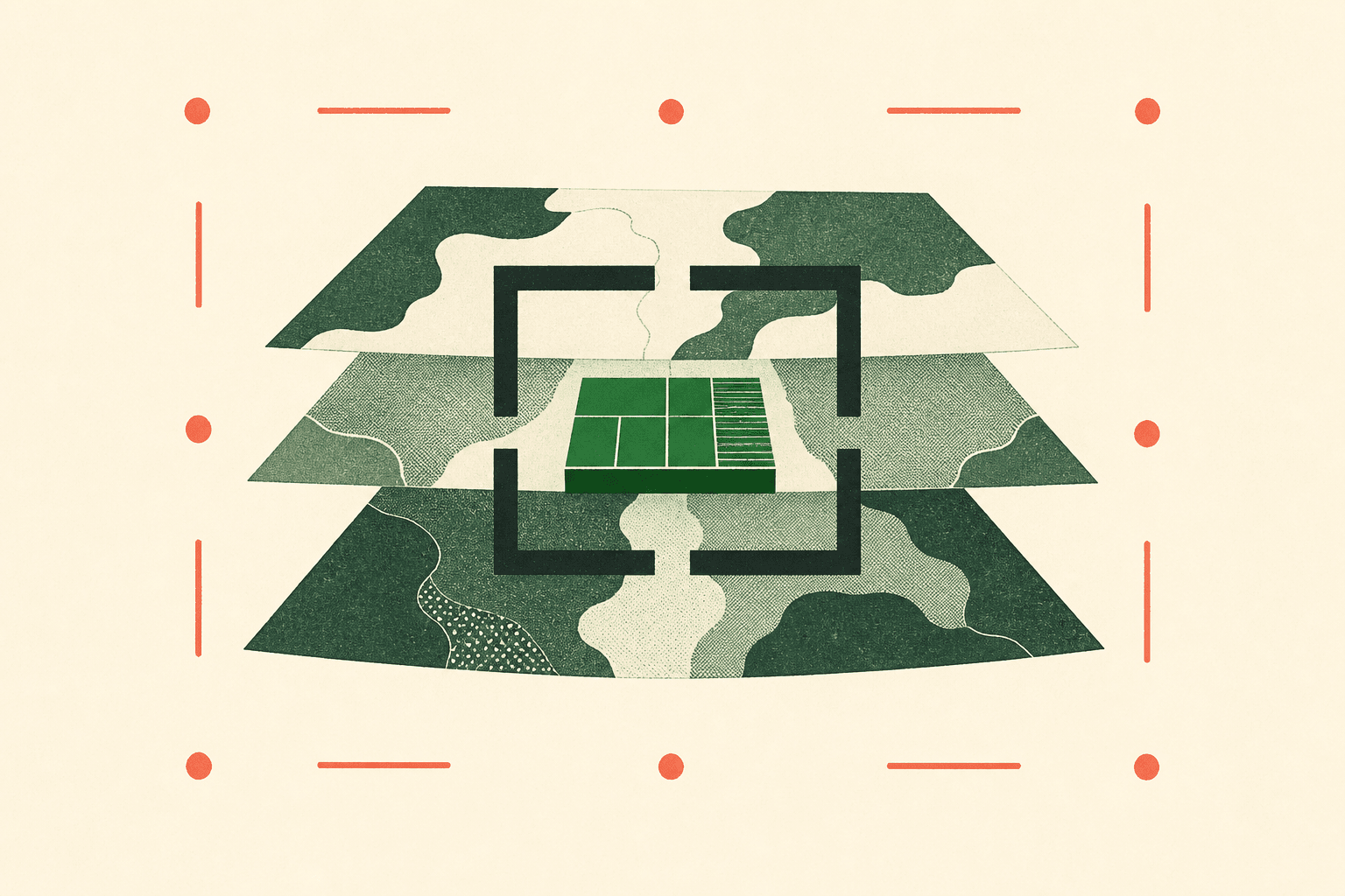 Illustration abstraite sur fond ivoire : trois strates vert forêt entourent un petit registre modulaire, dans un cadre sombre incomplet ponctué de repères corail.
