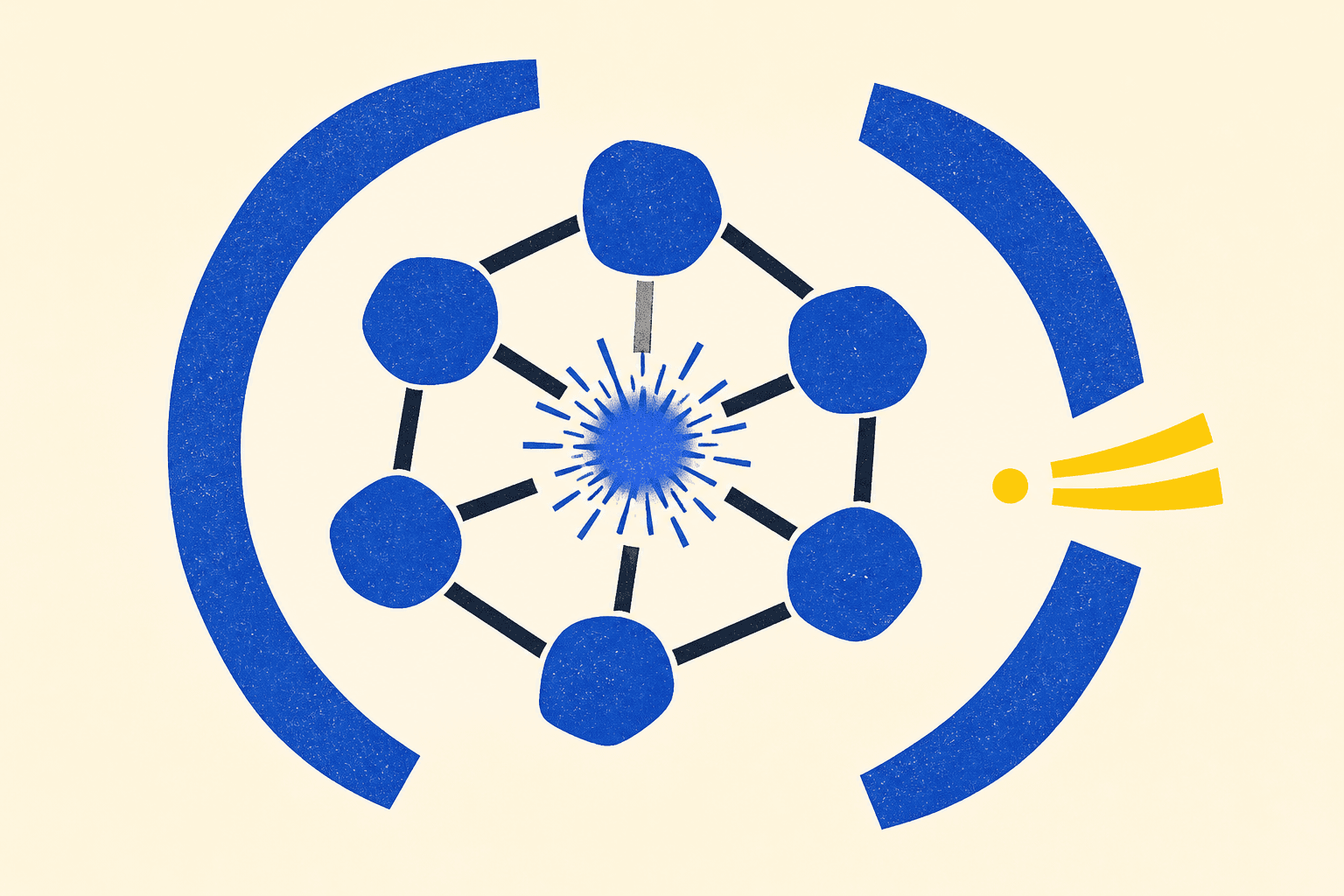 Abstract illustration on an ivory background, six connected cobalt shapes surround a radiant core while a yellow dot and two yellow rays pass through a gap between large blue arcs.