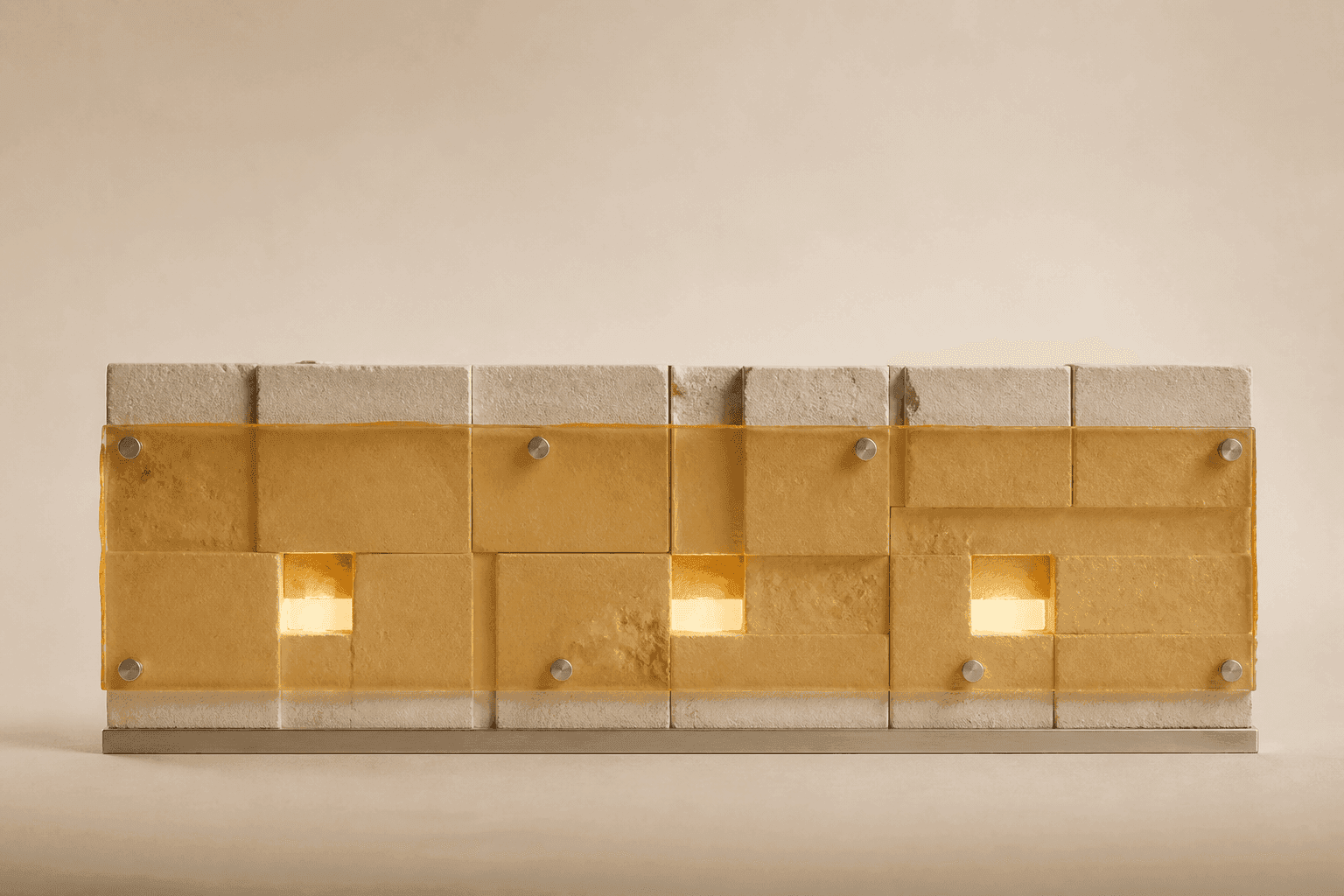 Nature morte générée montrant une façade basse en plâtre ivoire recouverte d’une membrane de résine ambrée, percée de trois petites ouvertures lumineuses et fixée par des pastilles d’aluminium.