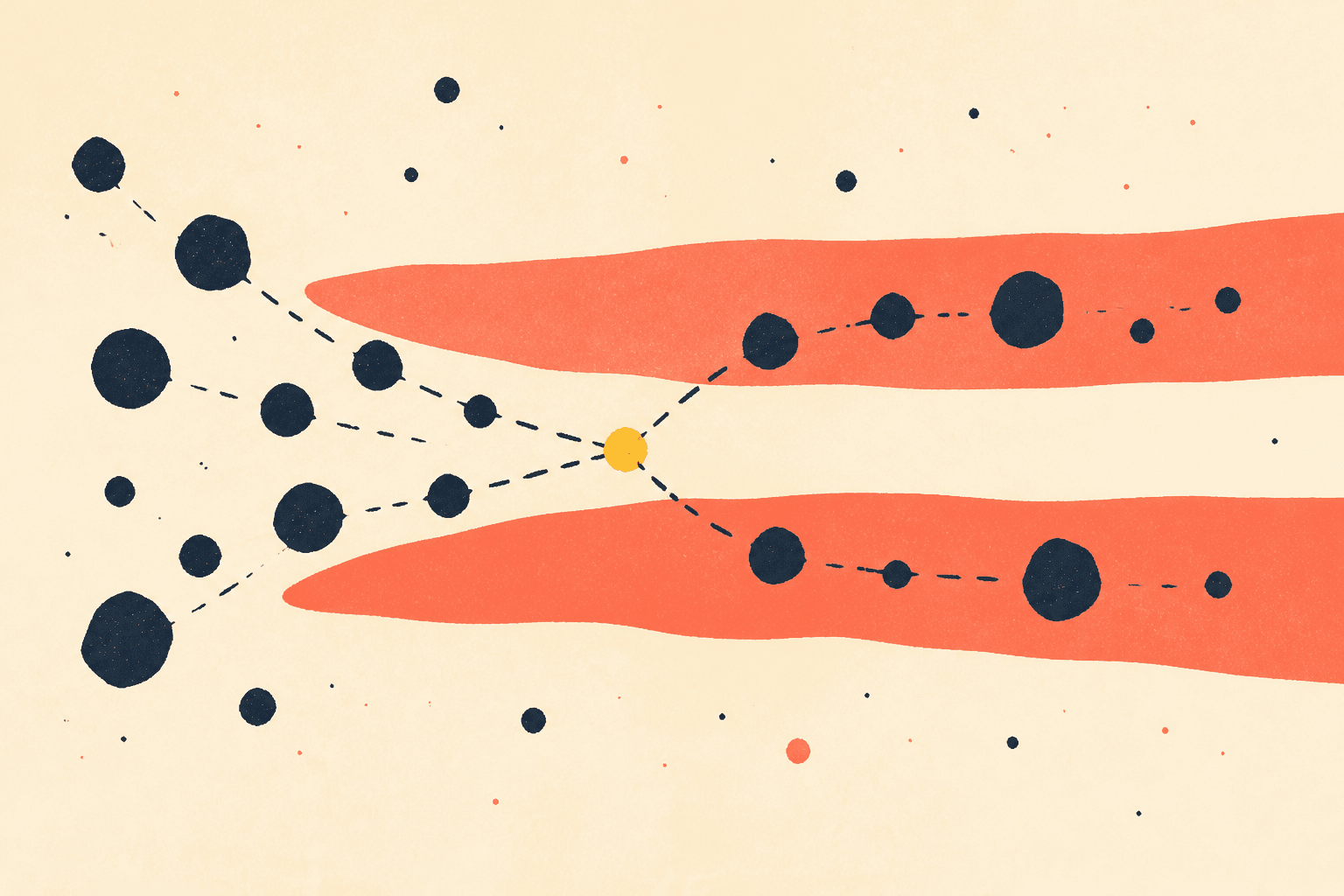 Abstract illustration on an ivory ground: midnight-blue nodes converge on a yellow disc, then divide between two broad coral channels.